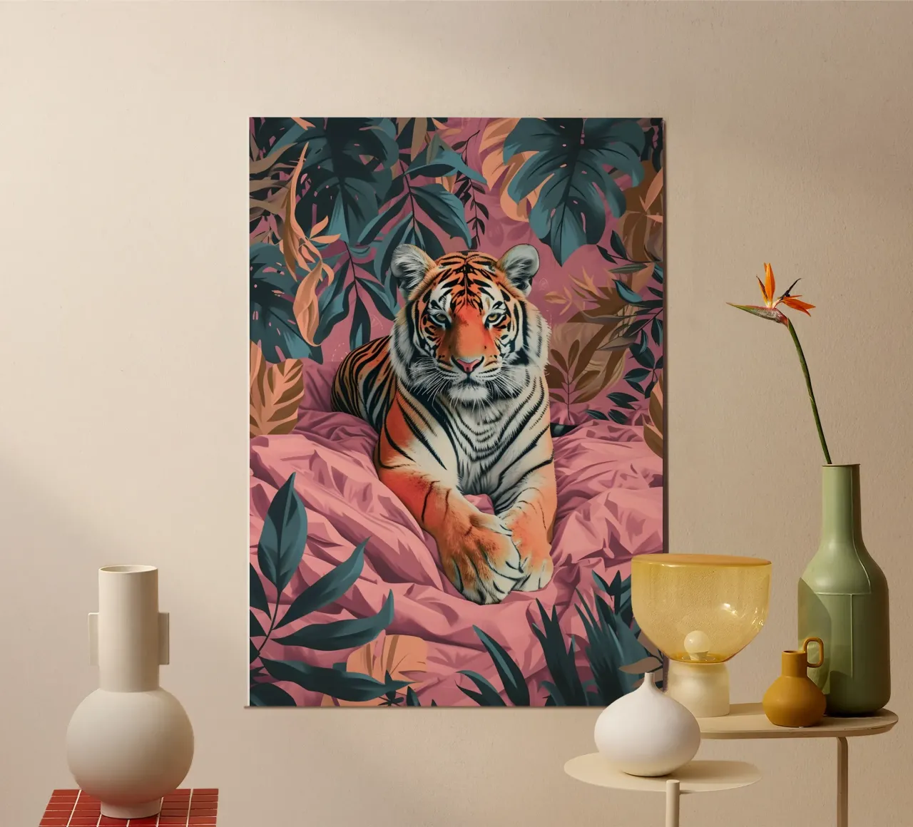 Tigre majestueux dans la jungle tropicale rose | Pop Art Print hahnemühle de NorwesClub