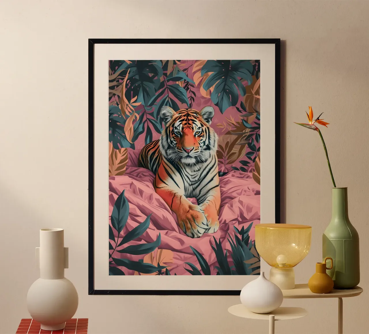 Tigre majestueux dans la jungle tropicale rose | Pop Art Print hahnemühle de NorwesClub