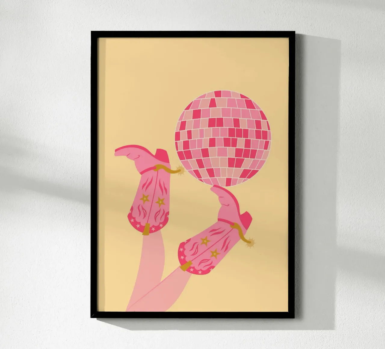 Disco Cowgirl Boots Rosa | Western Boho Pop Art Print poster con telaio in legno da NorwesClub