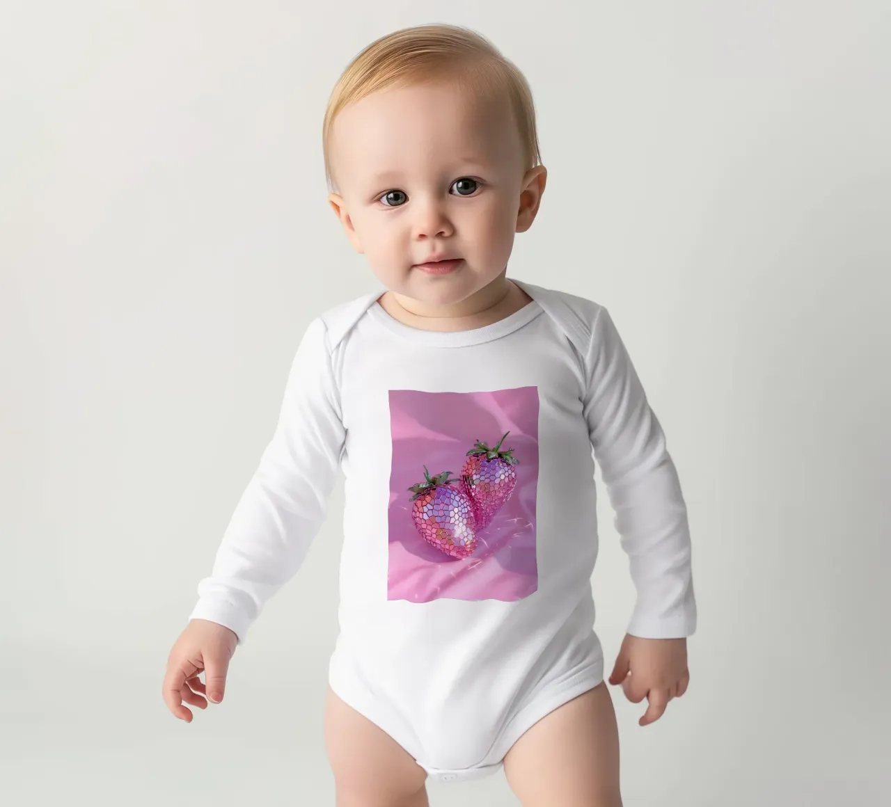 Sparkling Disco Strawberries | Pink Reflective Pop Art Print long-sleeve baby romper by NorwesClub