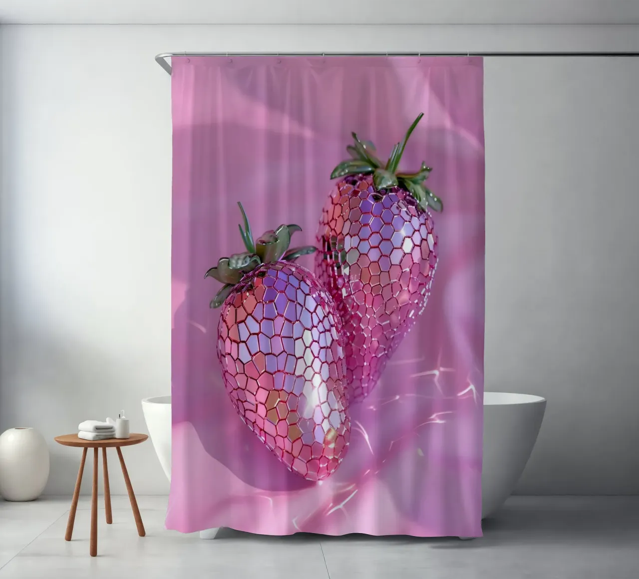 Sparkling Disco Strawberries | Pink Reflective Pop Art Print shower curtain by NorwesClub