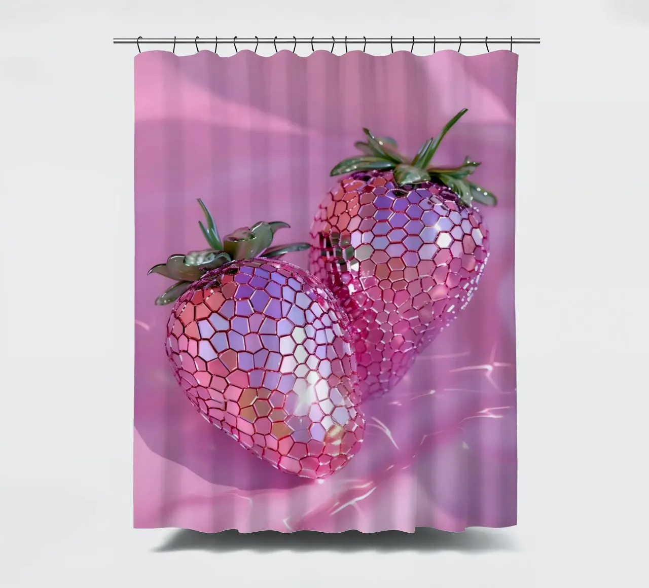 Sparkling Disco Strawberries | Pink Reflective Pop Art Print shower curtain by NorwesClub