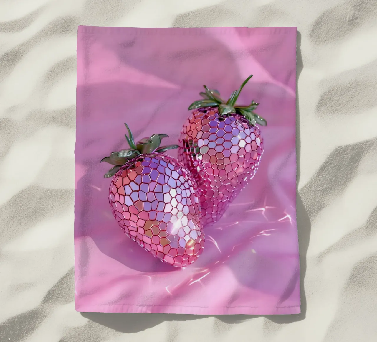 Sparkling Disco Strawberries | Pink Reflective Pop Art Print beach towel by NorwesClub