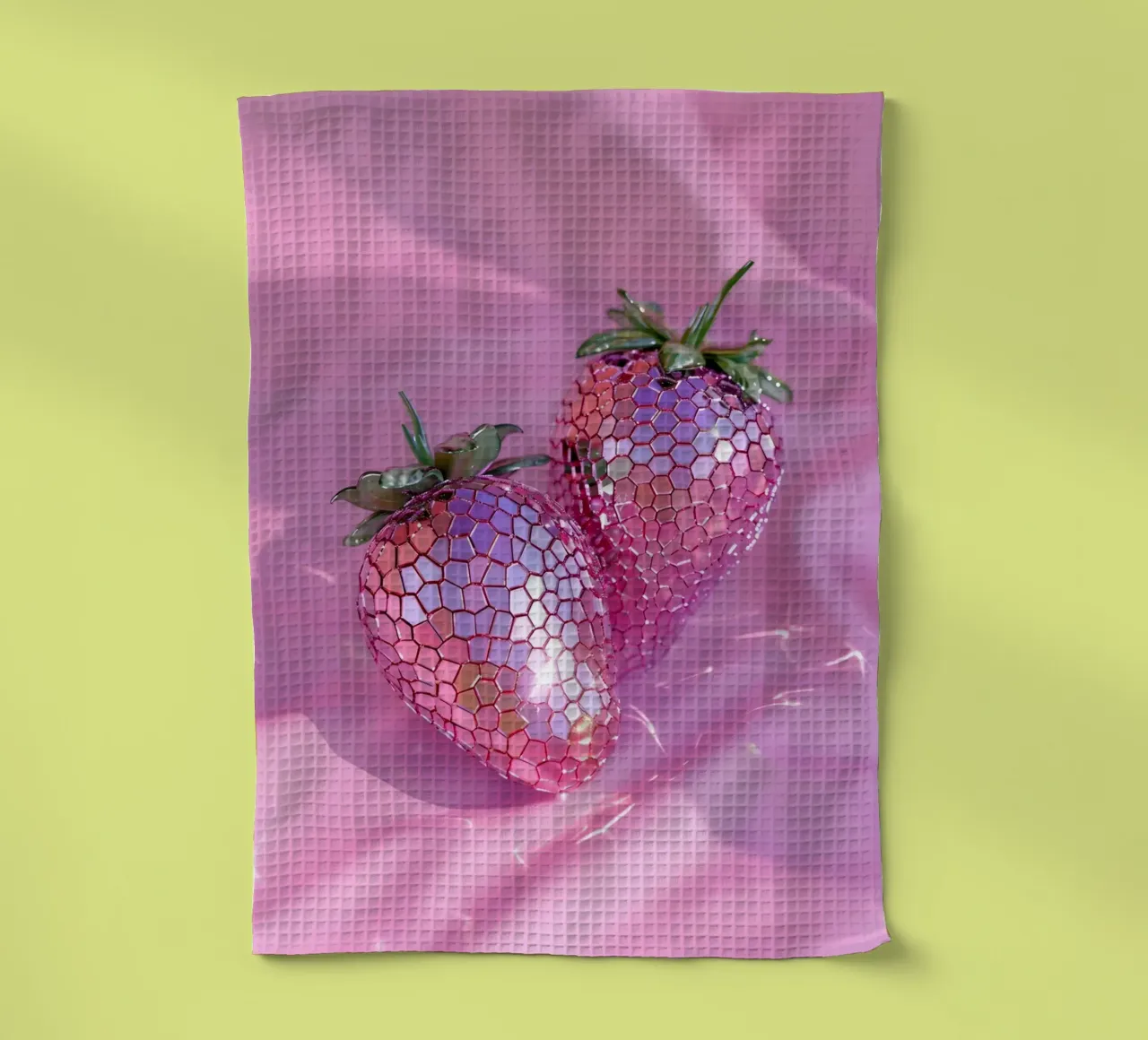 Sparkling Disco Strawberries | Pink Reflective Pop Art Print tea towel by NorwesClub