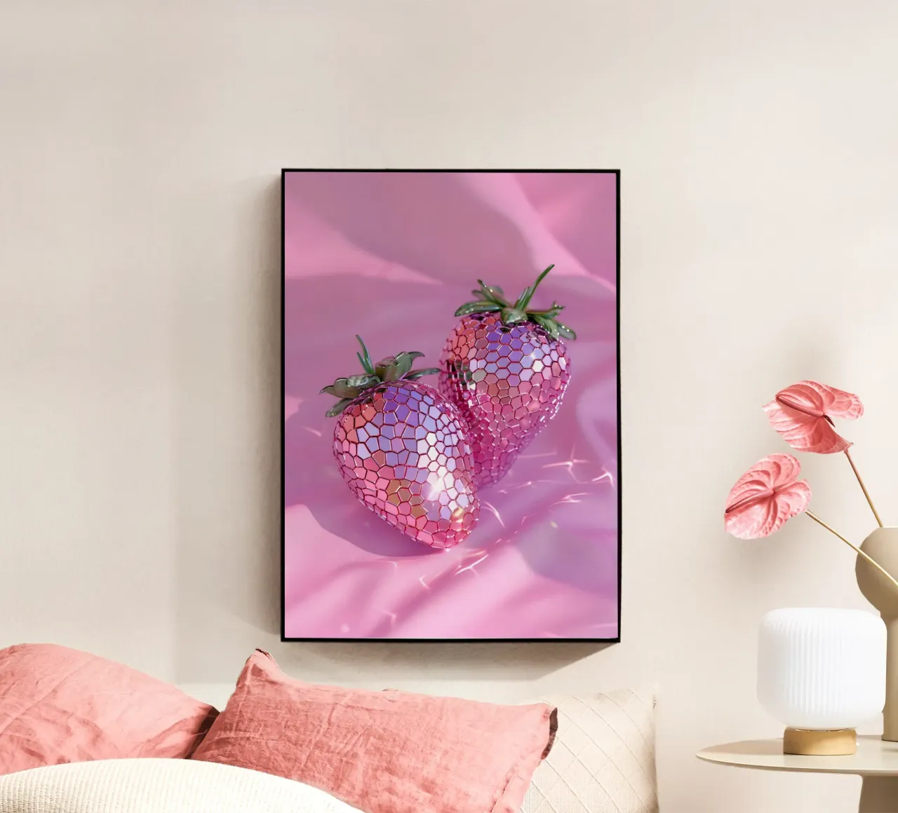 Sparkling Disco Strawberries | Pink Reflective Pop Art Print acrylic glass by NorwesClub