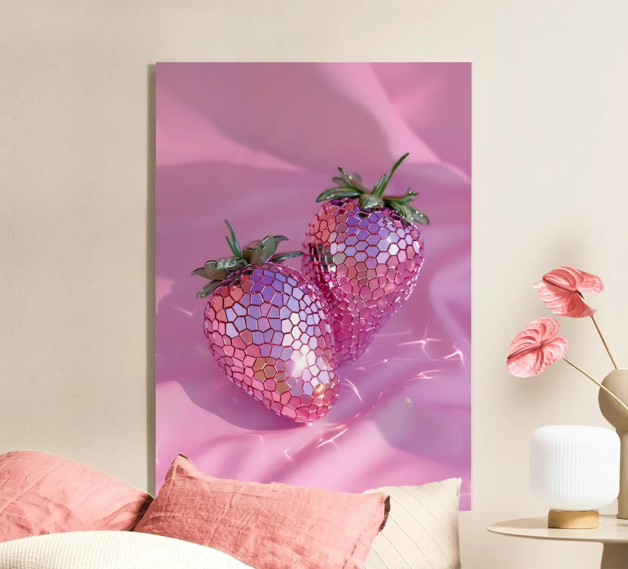 Sparkling Disco Strawberries | Pink Reflective Pop Art Print acrylic glass by NorwesClub