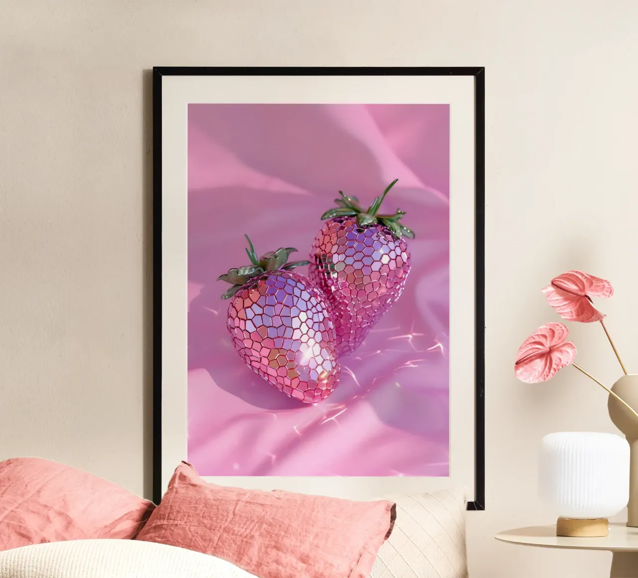 Sparkling Disco Strawberries | Pink Reflective Pop Art Print hahnemühle by NorwesClub
