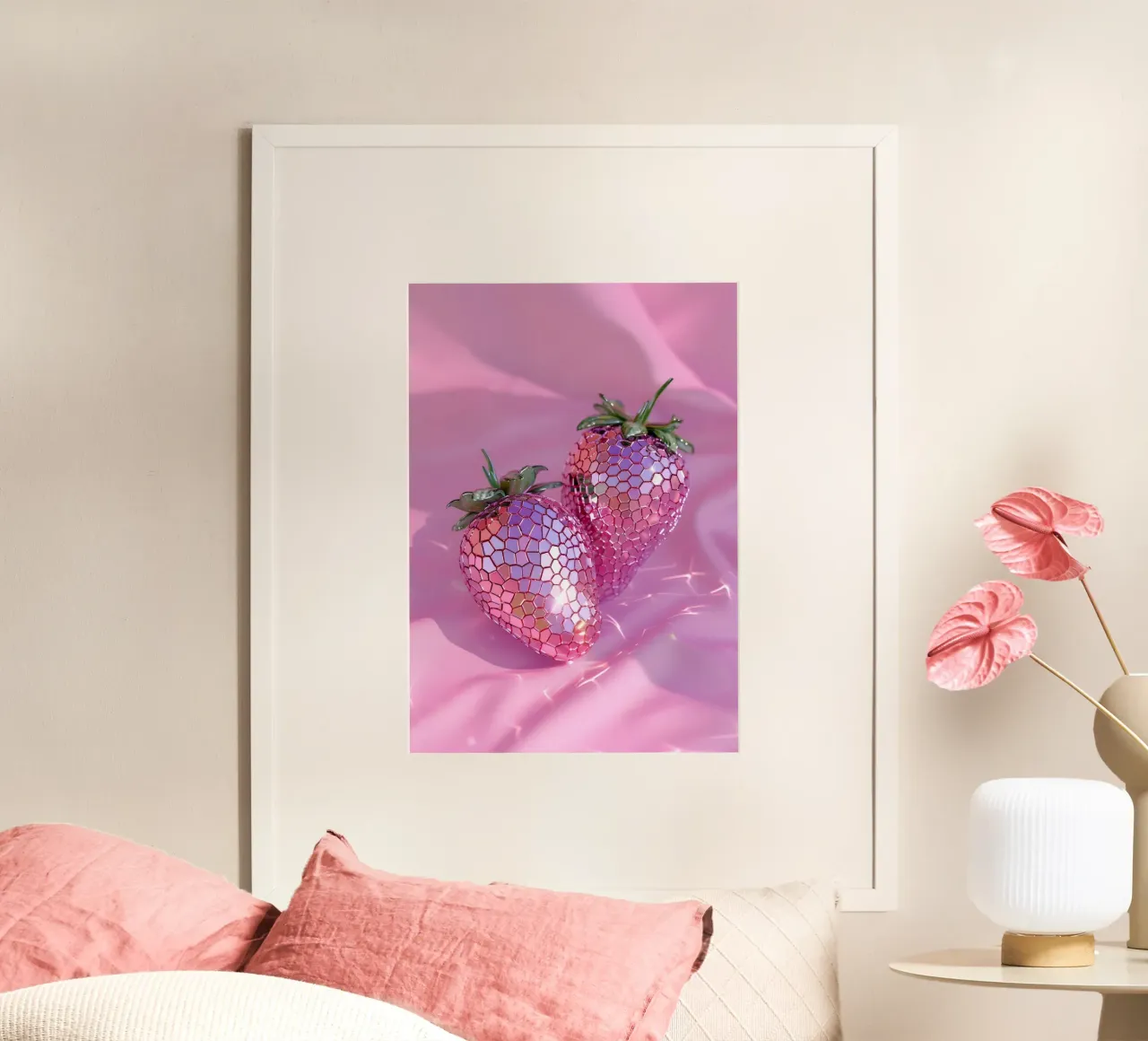 Sparkling Disco Strawberries | Pink Reflective Pop Art Print hahnemühle by NorwesClub