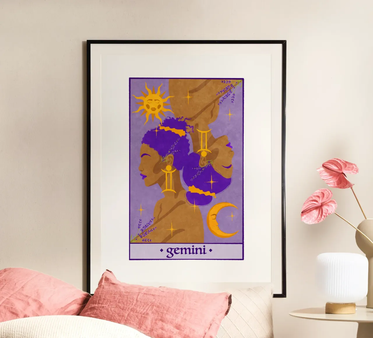 Gemelli - Segno zodiacale poster con telaio in legno da Illustration Raissa Oltmanns