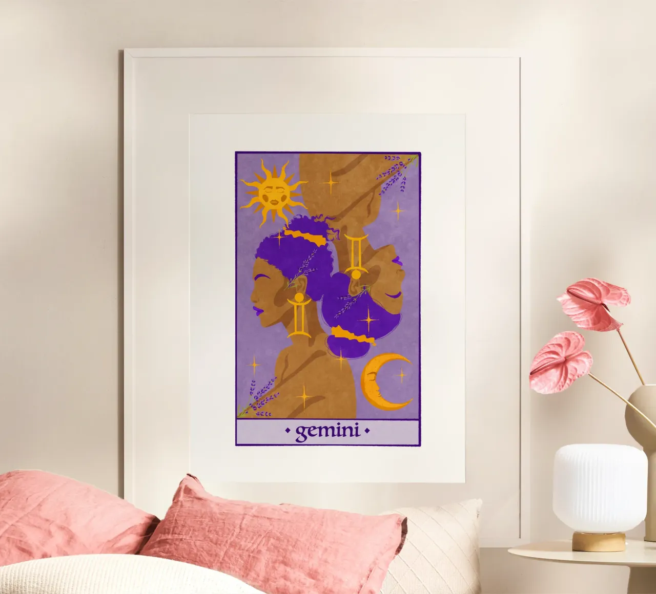 Gemelli - Segno zodiacale poster con telaio in legno da Illustration Raissa Oltmanns