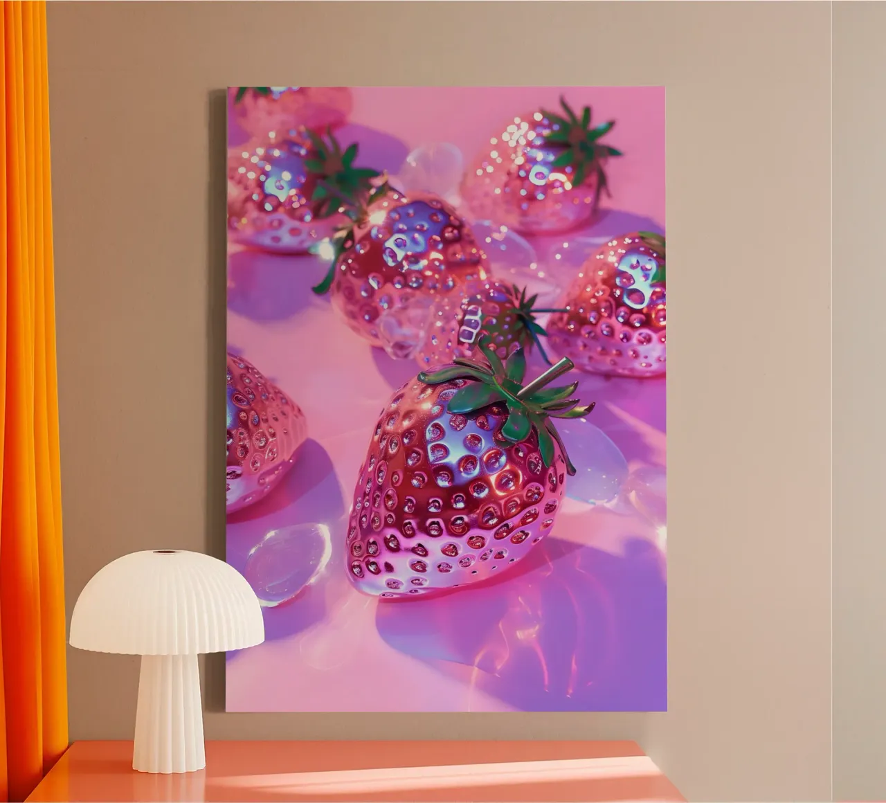 Metallic Roze Aardbeien | Chrome Glam Pop Art Print canvas van NorwesClub