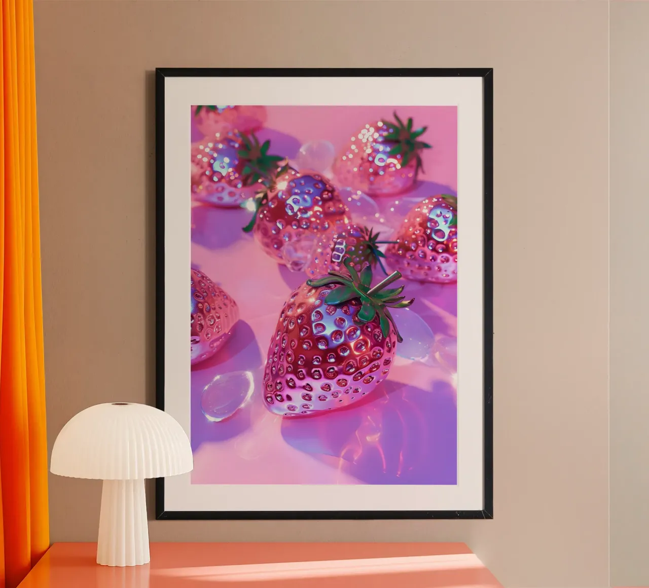 Metallic Pink Strawberries | Chrome Glam Pop Art Print poster by NorwesClub