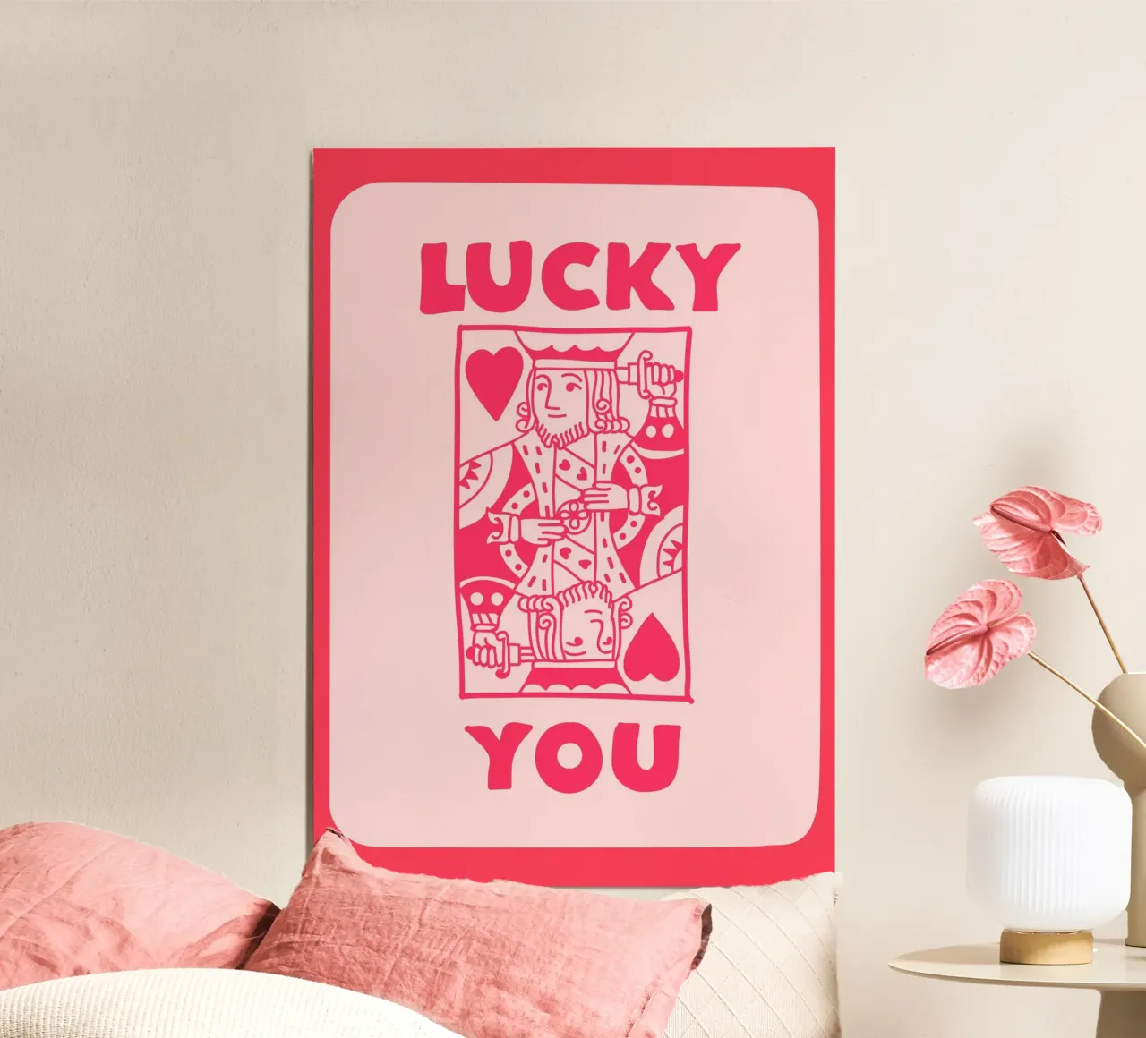 "Lucky You" Re di cuori Pop Art | Stampa retro del gioco di carte poster con telaio in plastica da NorwesClub