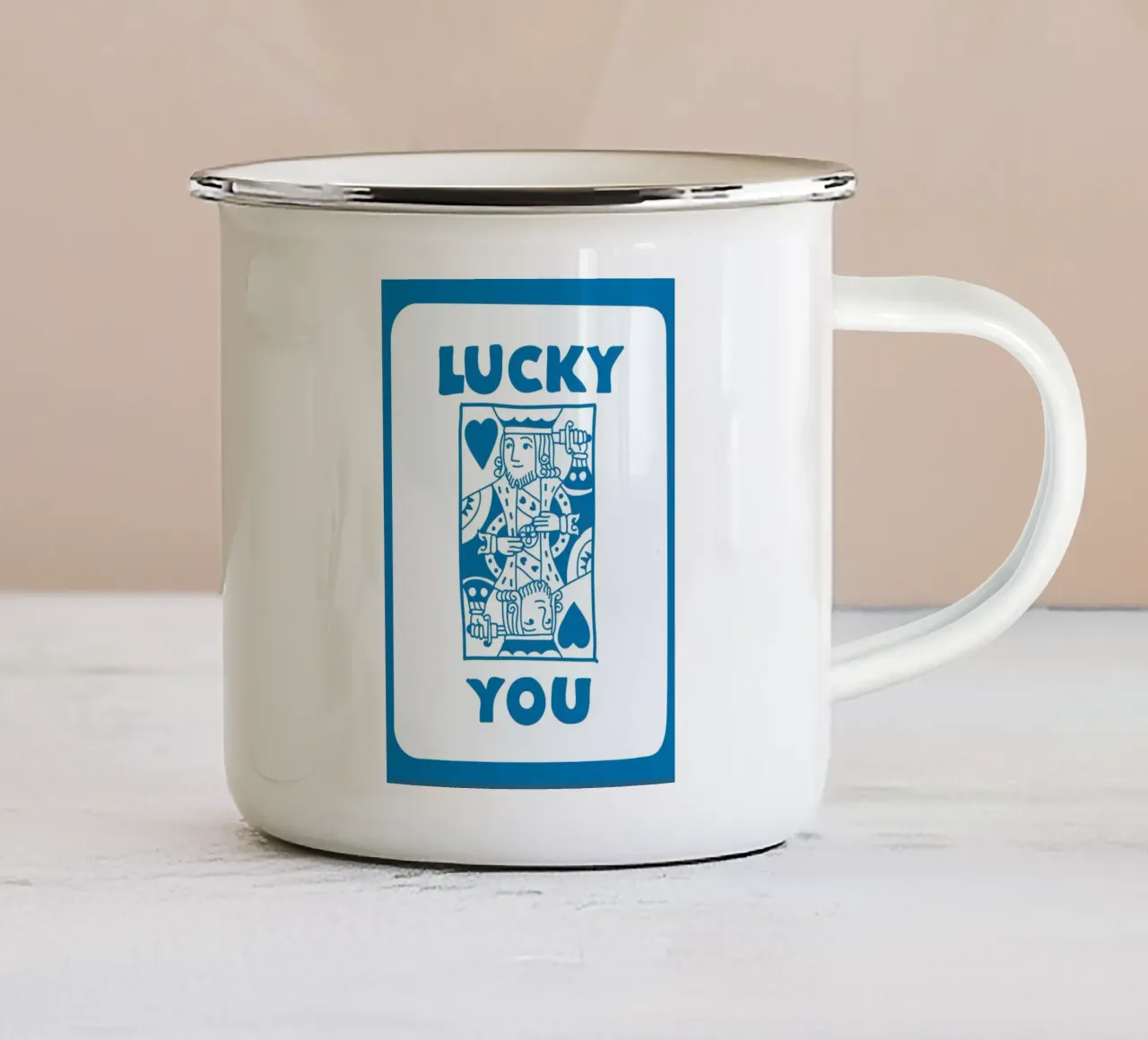 "Lucky You" Re di cuori Pop Art | Stampa retrò blu della carta tazza in smalto da NorwesClub