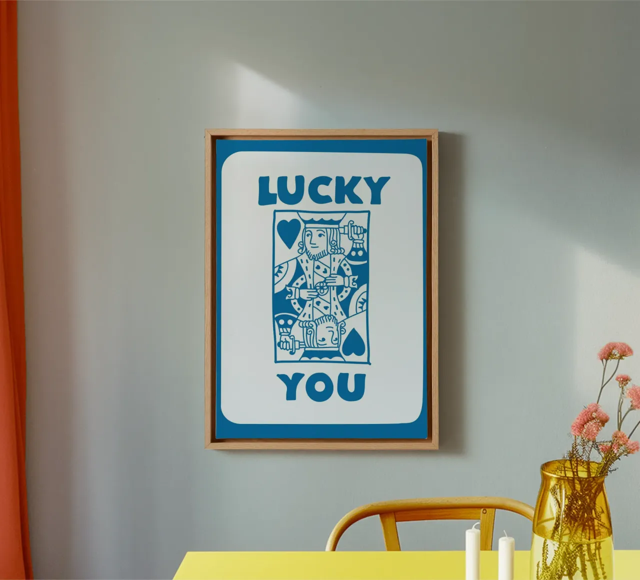 "Lucky You" Harten Koning Pop Art | Blauw Retro Kaart Print canvas met Baklijst van NorwesClub