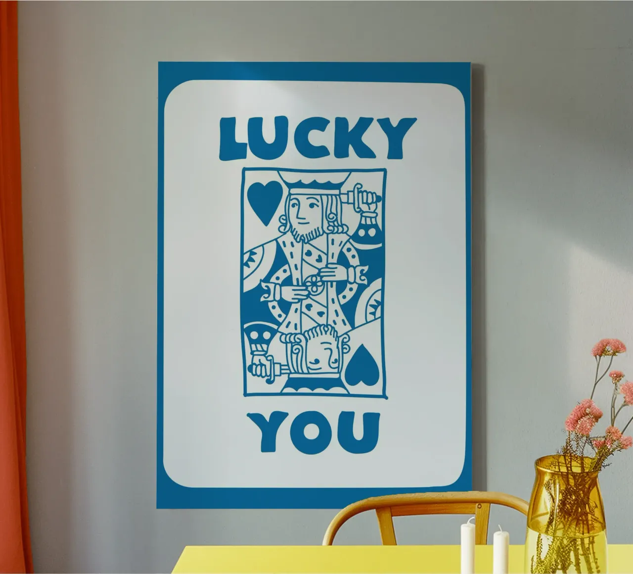 "Lucky You" Harten Koning Pop Art | Blauw Retro Kaart Print canvas met Baklijst van NorwesClub