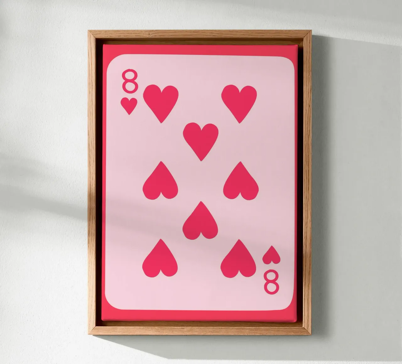 Eight of Hearts Pop Art | Impresión de naipes rosas lienzo con Marco flotante de NorwesClub
