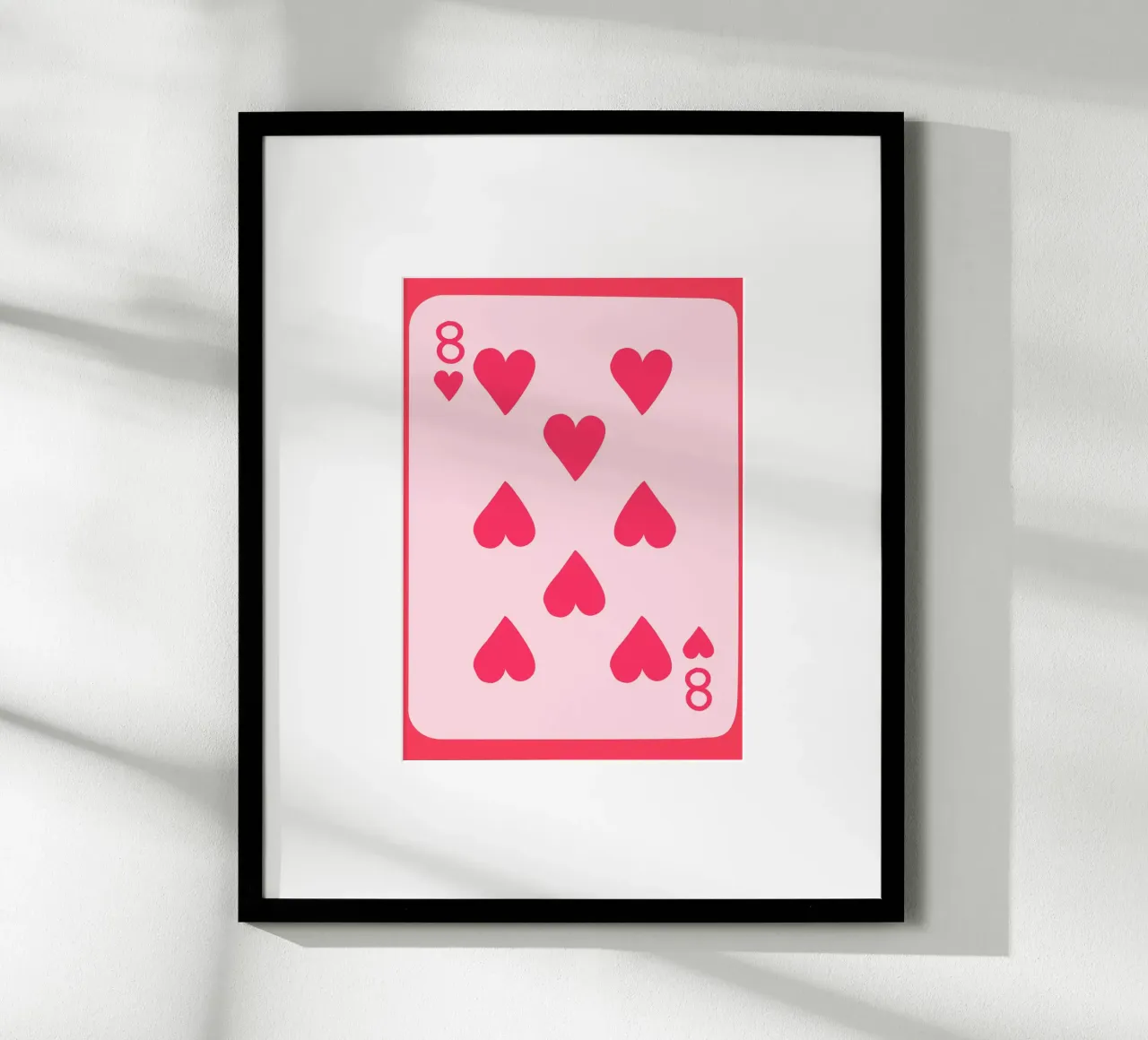 Otto di cuori Pop Art | Stampa di carte da gioco rosa poster con telaio in plastica da NorwesClub