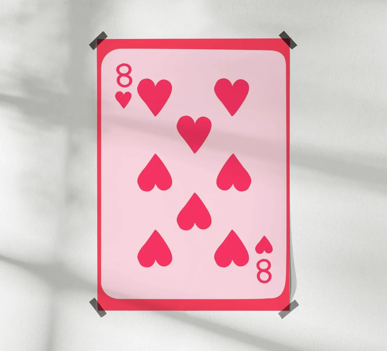 Otto di cuori Pop Art | Stampa di carte da gioco rosa poster con telaio in plastica da NorwesClub
