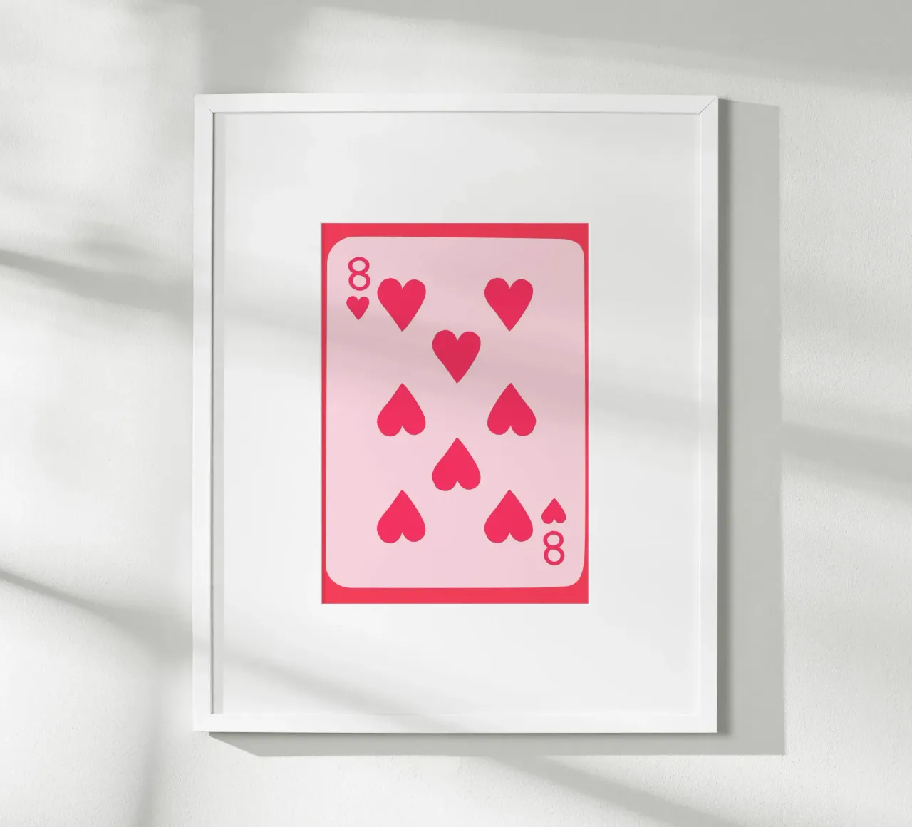 Otto di cuori Pop Art | Stampa di carte da gioco rosa poster con telaio in plastica da NorwesClub