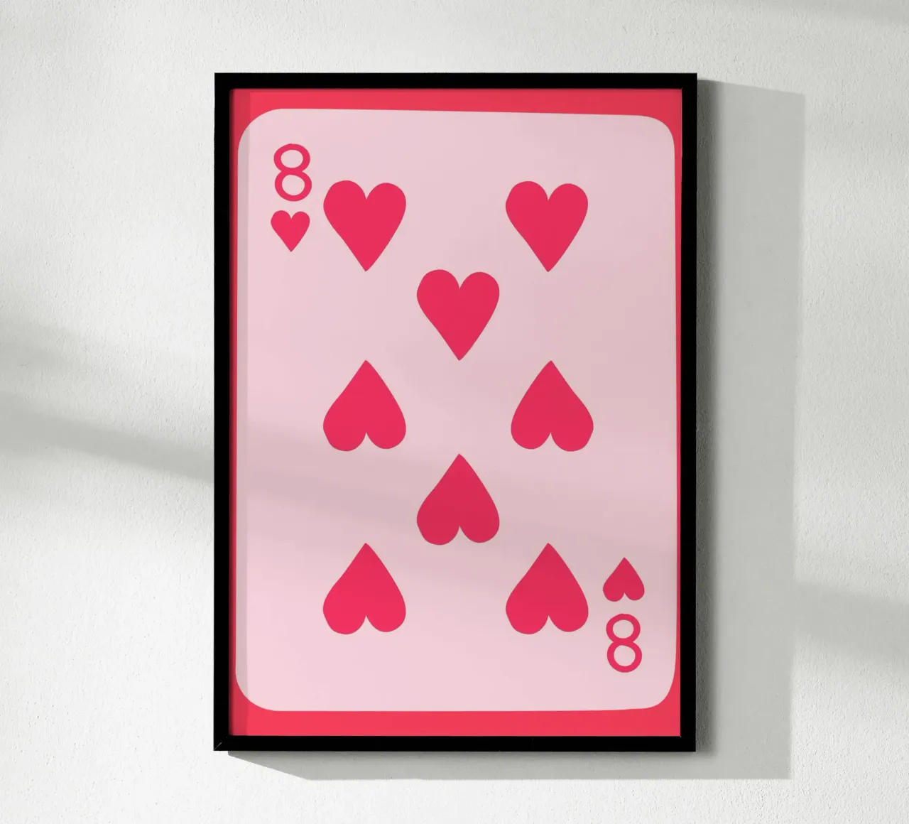 Otto di cuori Pop Art | Stampa di carte da gioco rosa poster con telaio in plastica da NorwesClub