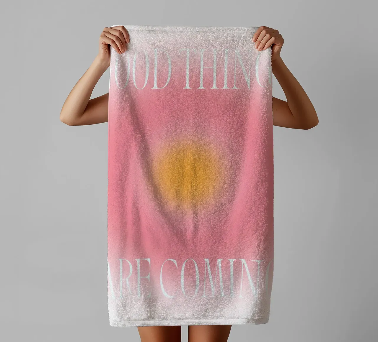"Good Things Are Coming" Aura | Rosa Naranja Gradiente Imprimir toalla de baño de NorwesClub