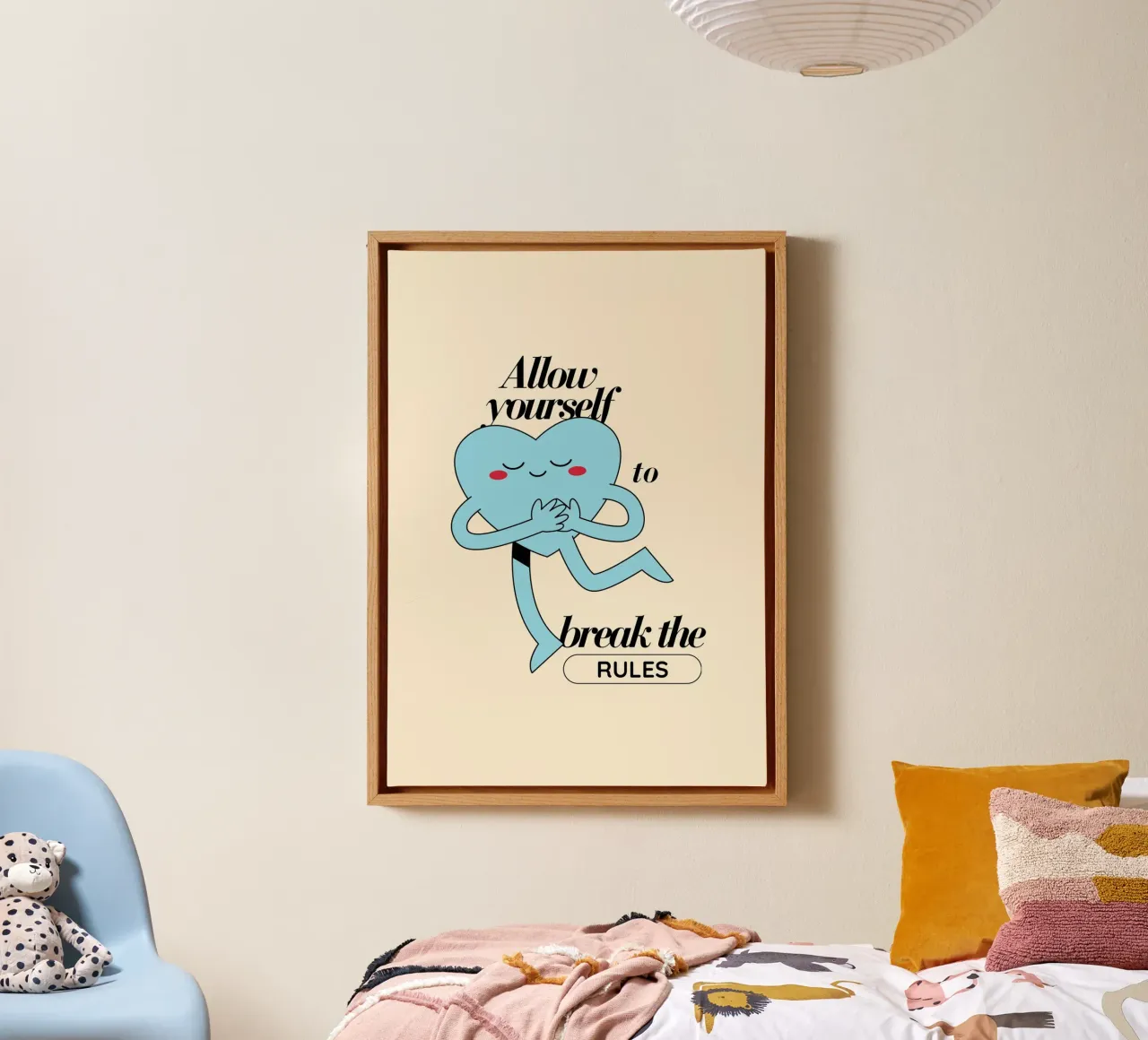 "Allow Yourself To Break Rules" | Blue Heart Fun Quote Art canvas with Floater frame by NorwesClub