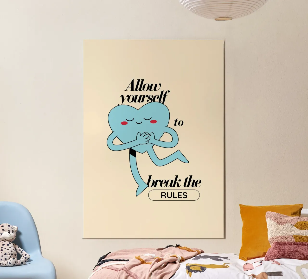 "Permetti a te stesso di infrangere le regole" | Blue Heart Fun Quote Art poster con telaio in legno da NorwesClub
