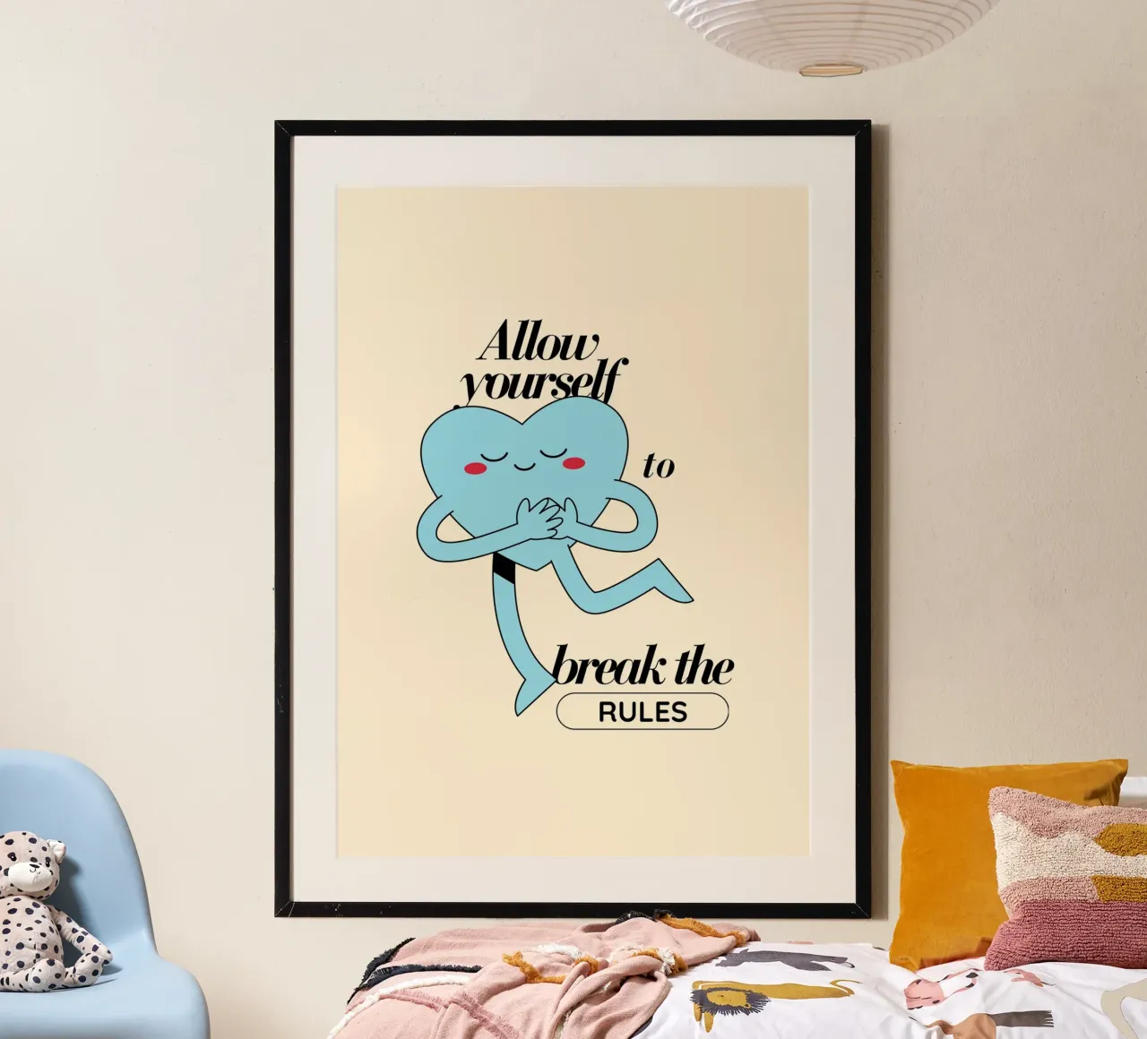 "Permetti a te stesso di infrangere le regole" | Blue Heart Fun Quote Art poster con telaio in legno da NorwesClub