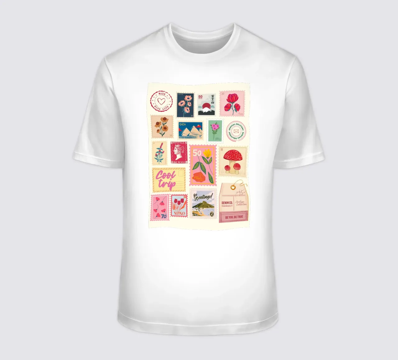 Collage di francobolli d'epoca e di estetiche floreali e di viaggio retrò Prin t-shirt da NorwesClub