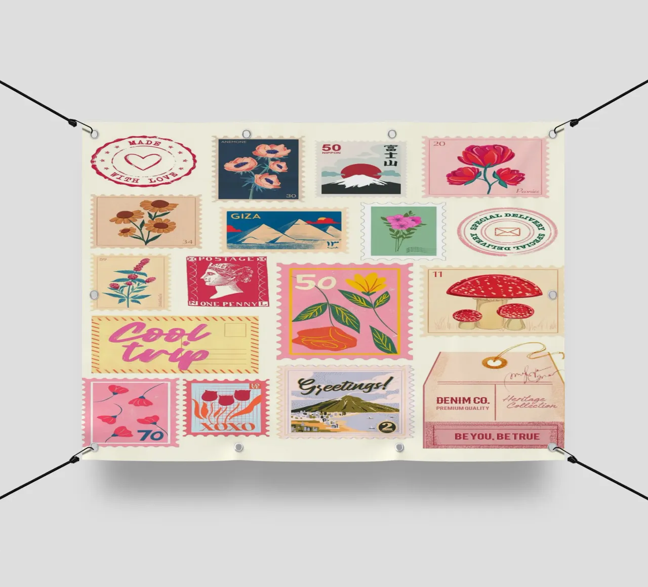 Collage di francobolli d'epoca e di estetiche floreali e di viaggio retrò Prin telo in pvc da NorwesClub