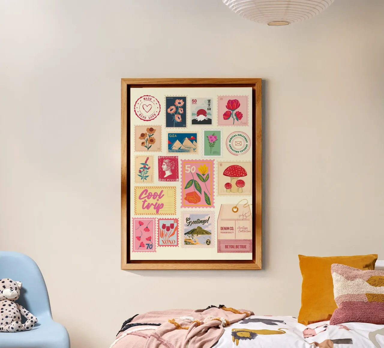Collage di francobolli d'epoca e di estetiche floreali e di viaggio retrò Prin alluminio dibond da NorwesClub