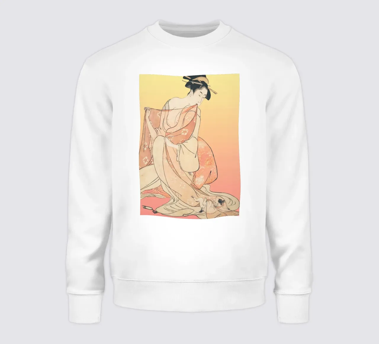 Kimono Cuddle | Press Play Art Print Remix | Donna con gatto felpa da Press Play Art Prints