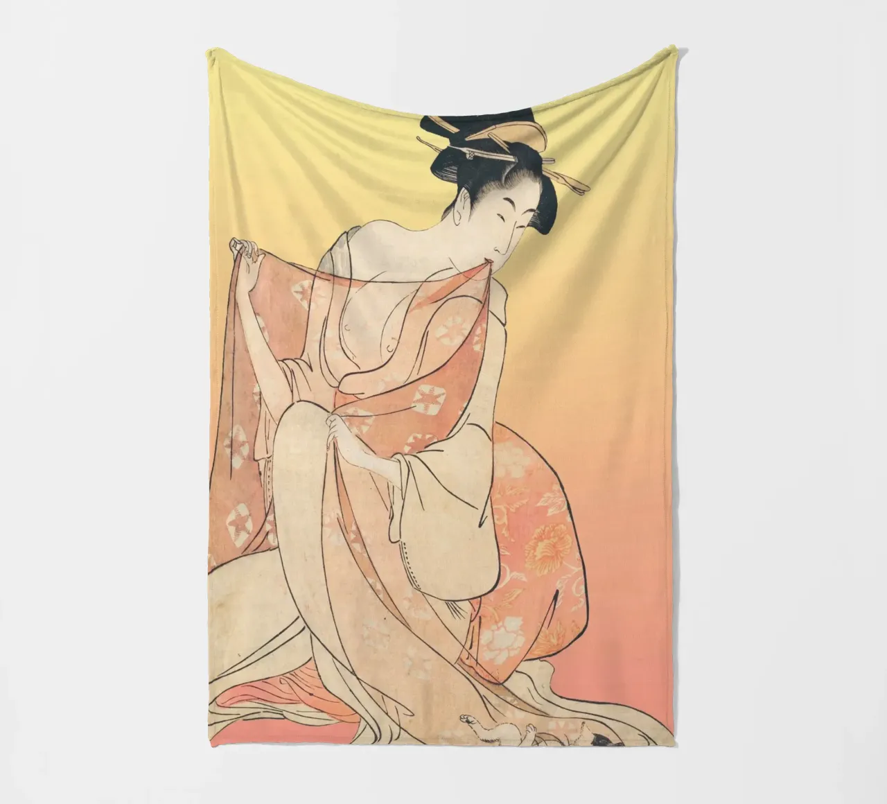 Kimono Cuddle | Press Play Art Print Remix | Donna con gatto coperta in pile da Press Play Art Prints