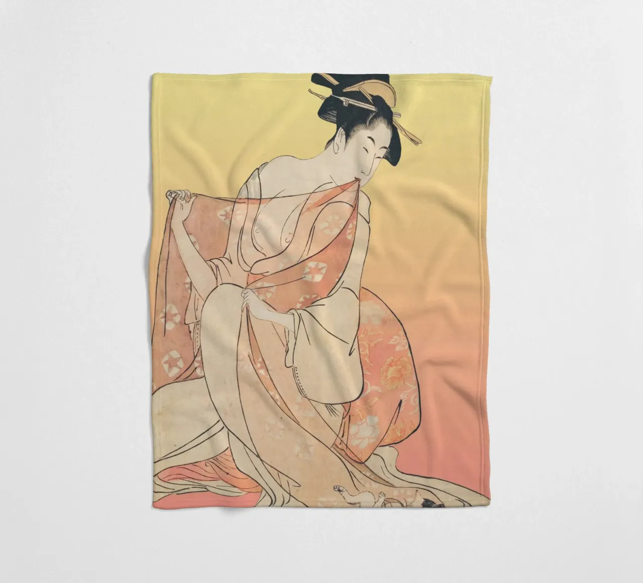 Kimono Cuddle | Press Play Art Print Remix | Donna con gatto coperta in pile da Press Play Art Prints