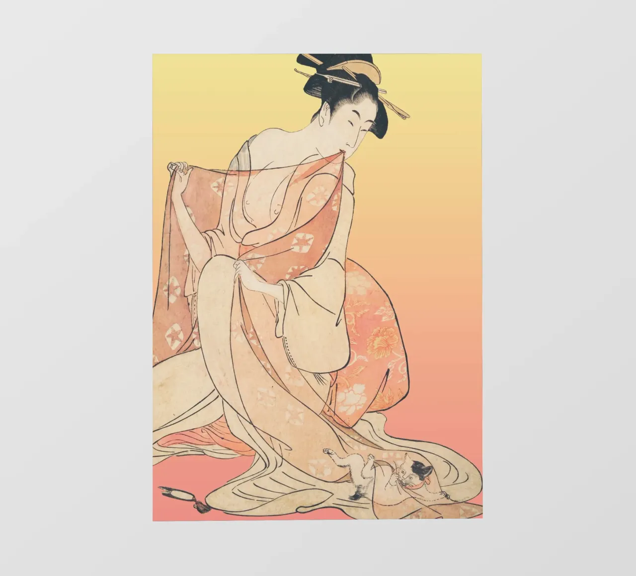 Kimono Cuddle | Press Play Art Print Remix | Donna con gatto telo in pvc da Press Play Art Prints