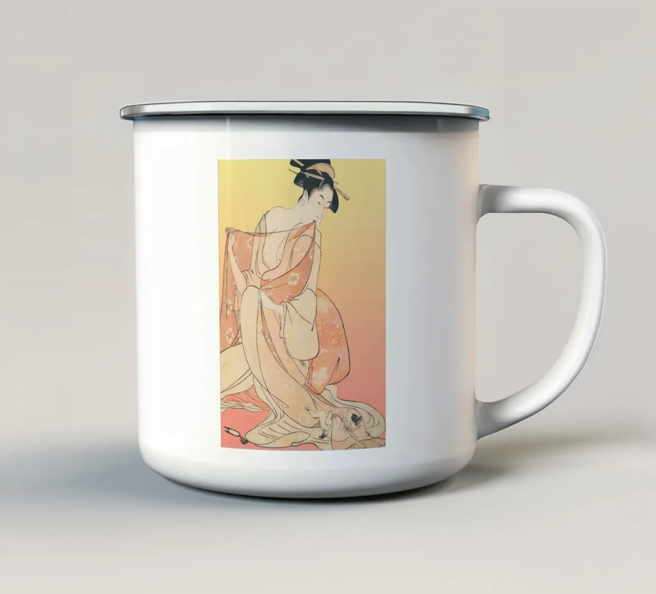 Kimono Cuddle | Press Play Art Print Remix | Donna con gatto tazza in smalto da Press Play Art Prints