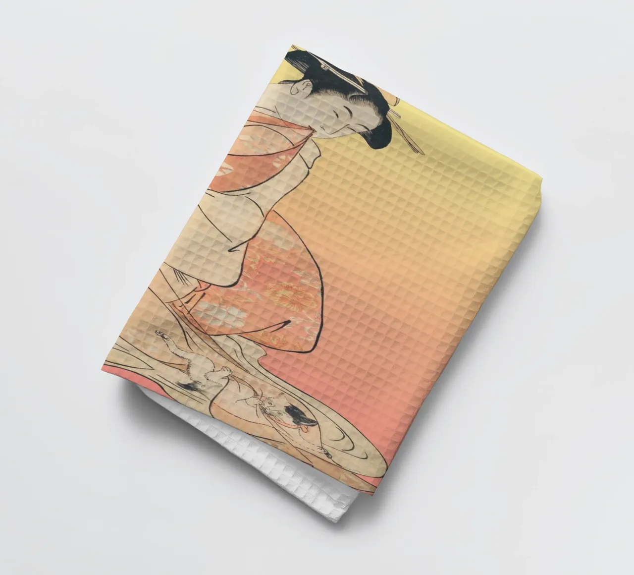 Kimono Cuddle | Press Play Art Print Remix | Donna con gatto canovaccio da cucina da Press Play Art Prints
