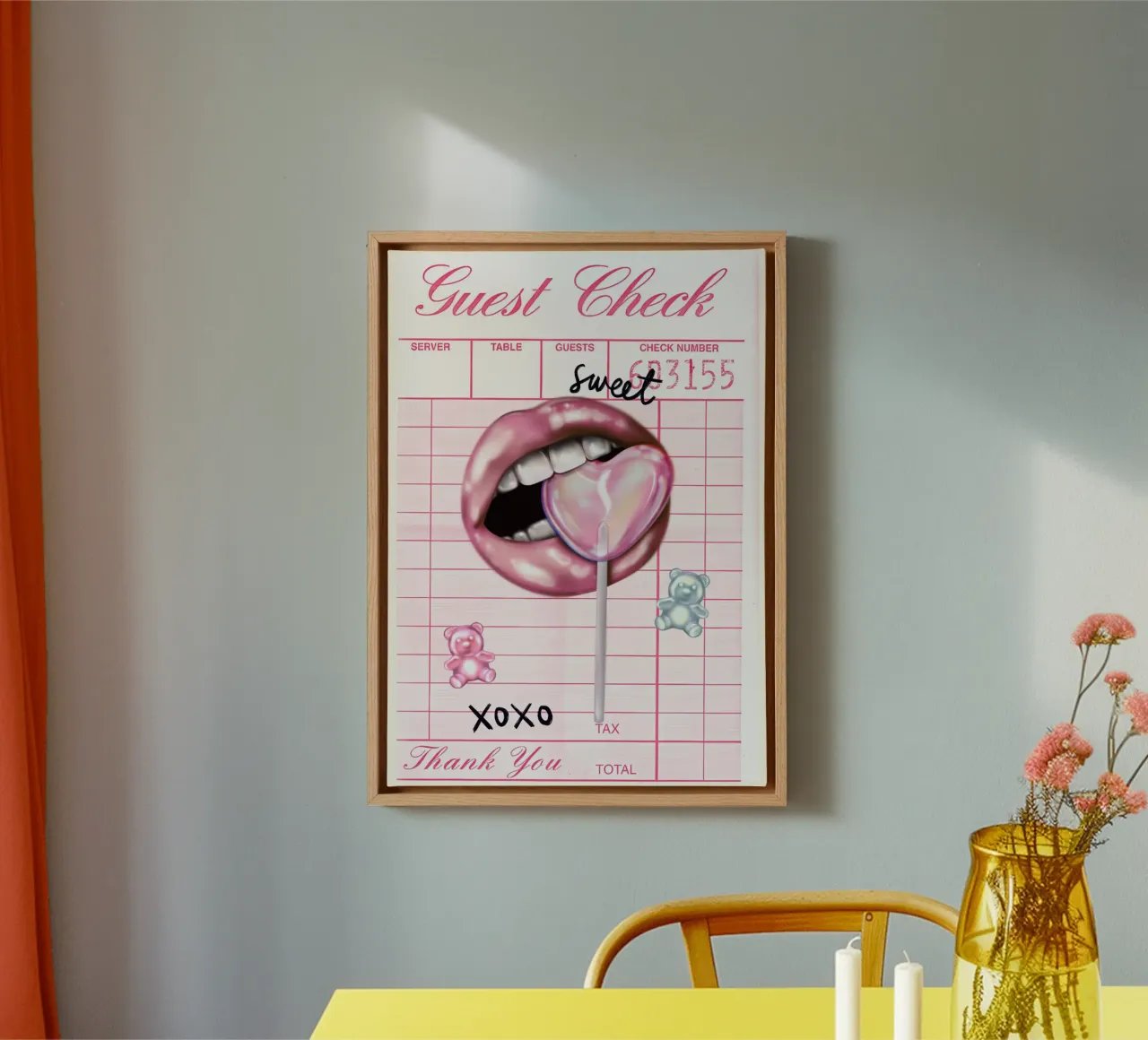 Sweet Kisses & Lollipop Guest Check | Pop Art Diner Print canvas with Floater frame by NorwesClub