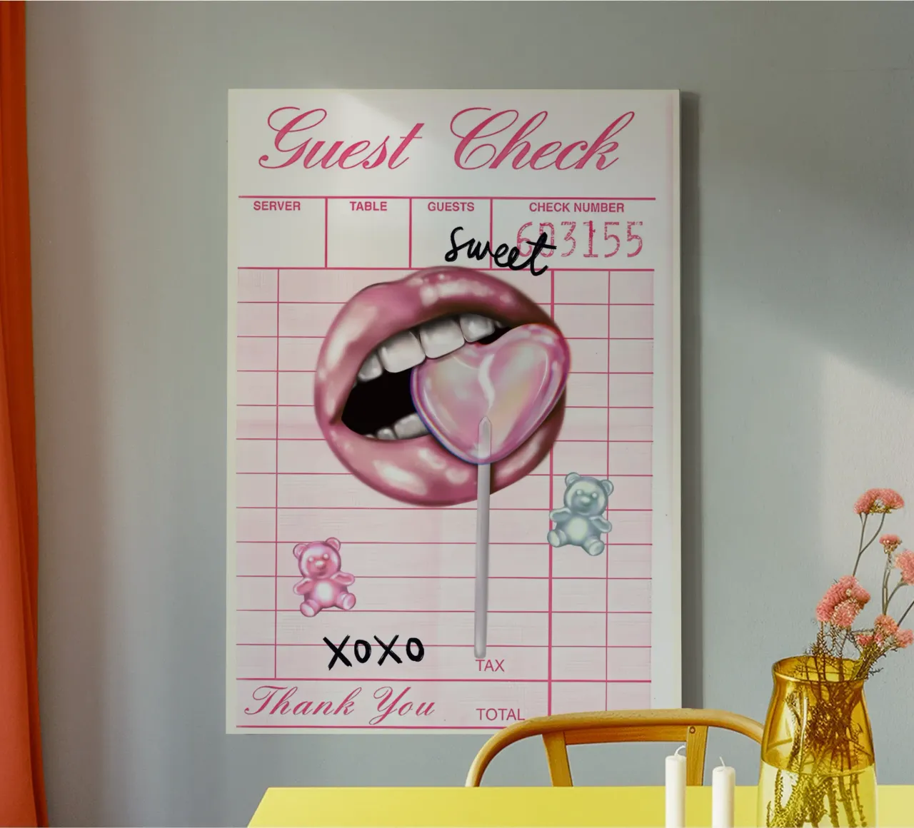 Sweet Kisses & Lollipop Guest Check | Pop Art Diner Print canvas with Floater frame by NorwesClub