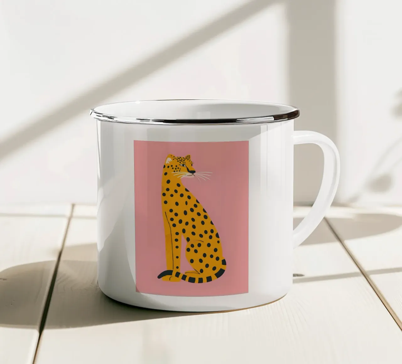 Abstract Sitting Leopard | Modern Folk Art Animal Print enamel mug by NorwesClub