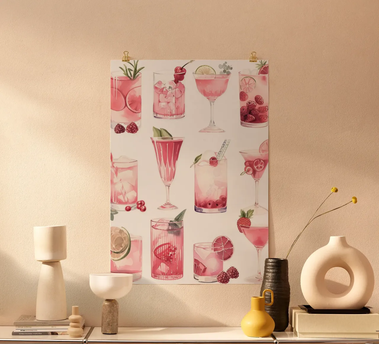 Stampa artistica del carrello da bar con acquerello rosa e cocktail estivi poster con telaio in alluminio da NorwesClub