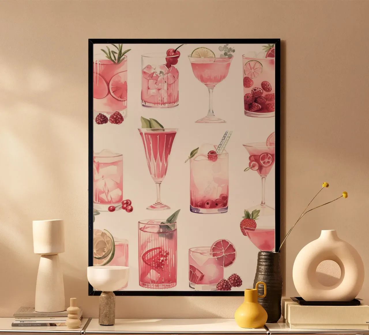 Stampa artistica del carrello da bar con acquerello rosa e cocktail estivi poster con telaio in alluminio da NorwesClub