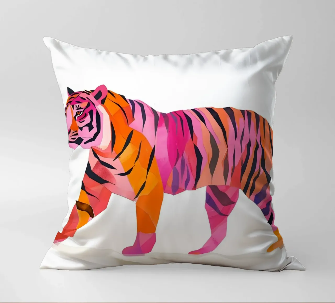 Abstract Roze & Oranje Tijger | Pop Art Wilde Dieren Print kussen van NorwesClub