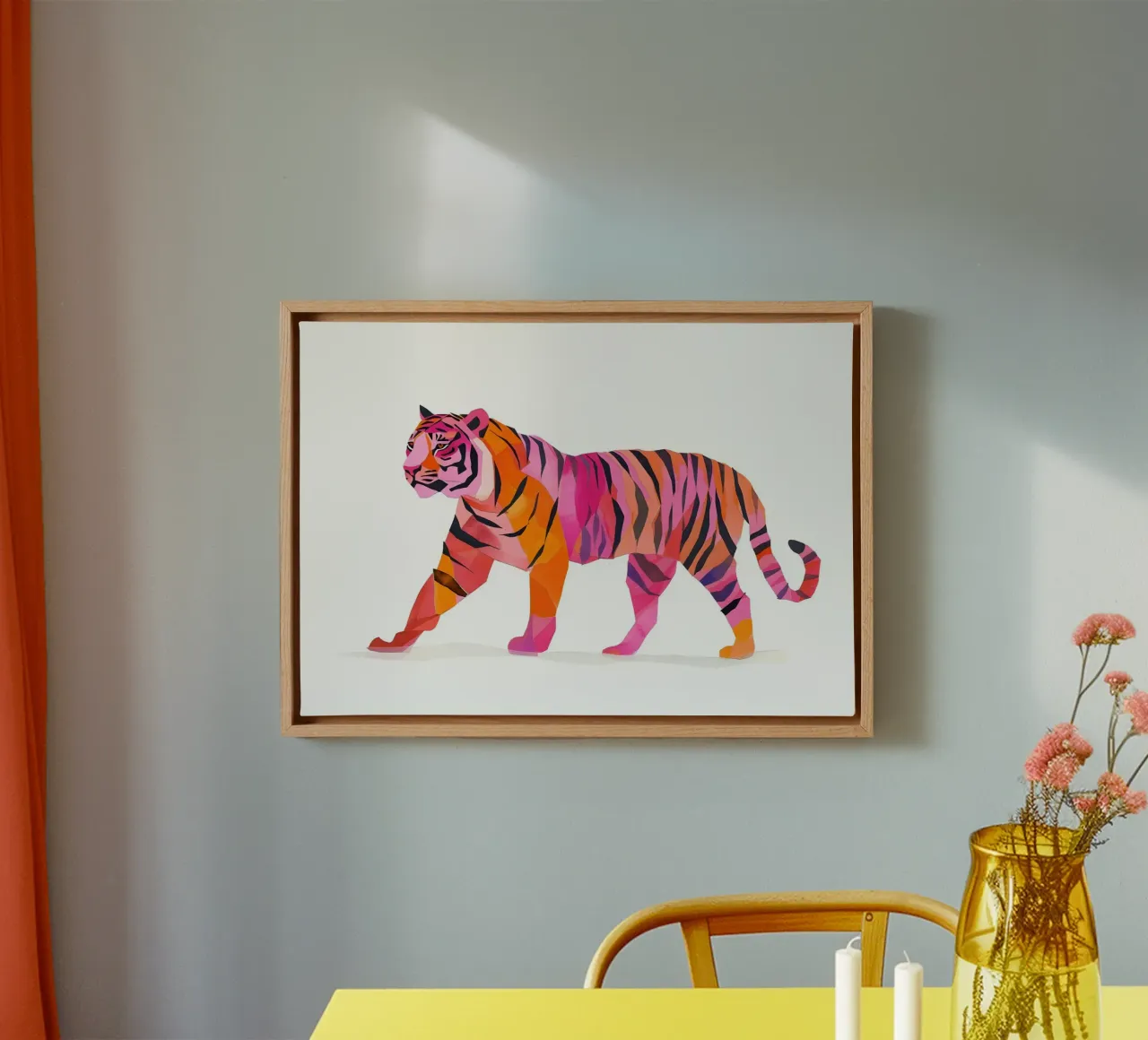 Abstract Roze & Oranje Tijger | Pop Art Wilde Dieren Print canvas met Baklijst van NorwesClub