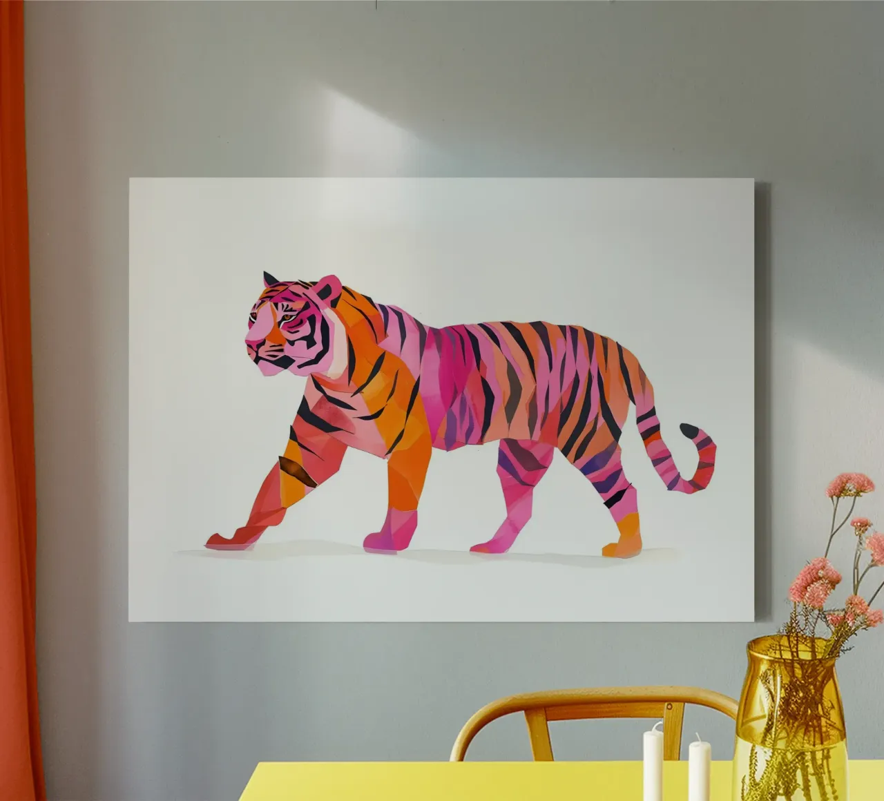 Abstract Roze & Oranje Tijger | Pop Art Wilde Dieren Print canvas met Baklijst van NorwesClub