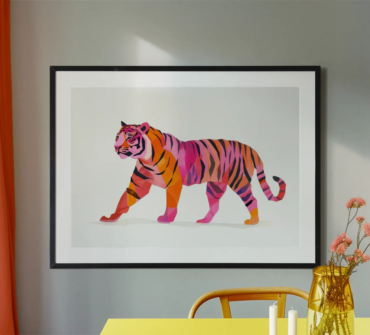 Abstract Roze & Oranje Tijger | Pop Art Wilde Dieren Print hahnemühle van NorwesClub