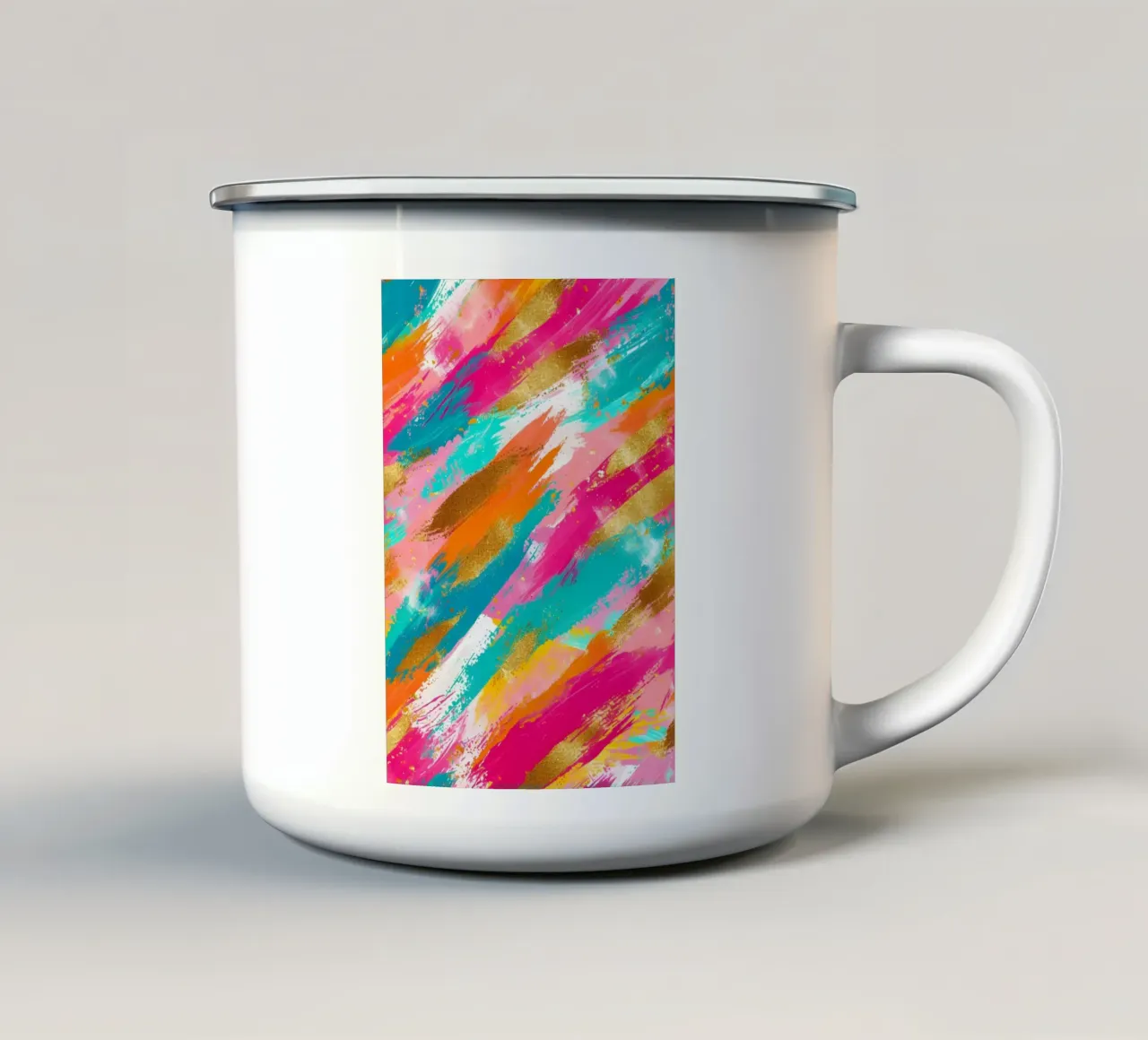 Abstracte goudkleurige en neonkleurige strepen | levendige getextureerde pop-art emaille mok van NorwesClub