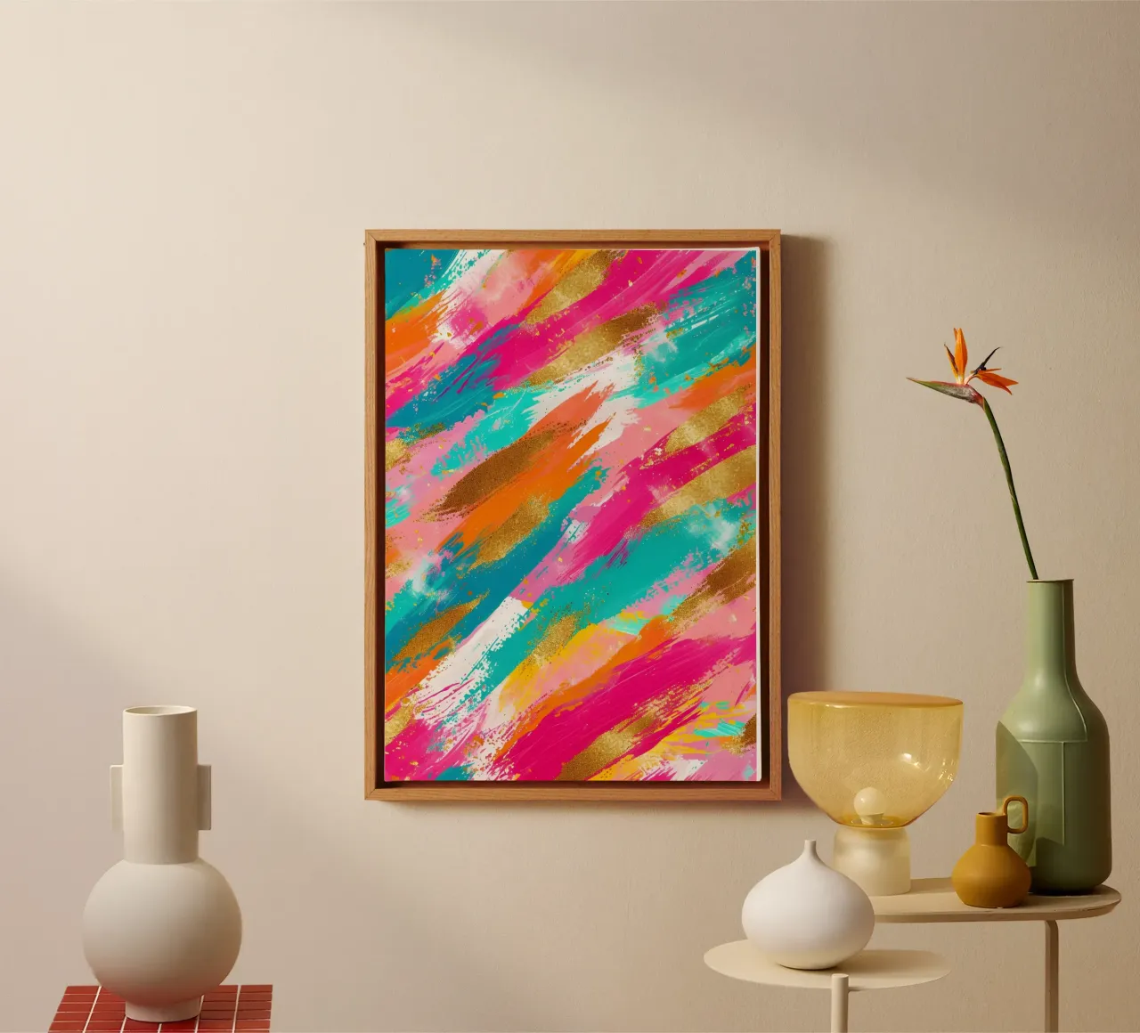 Abstracte goudkleurige en neonkleurige strepen | levendige getextureerde pop-art canvas van NorwesClub