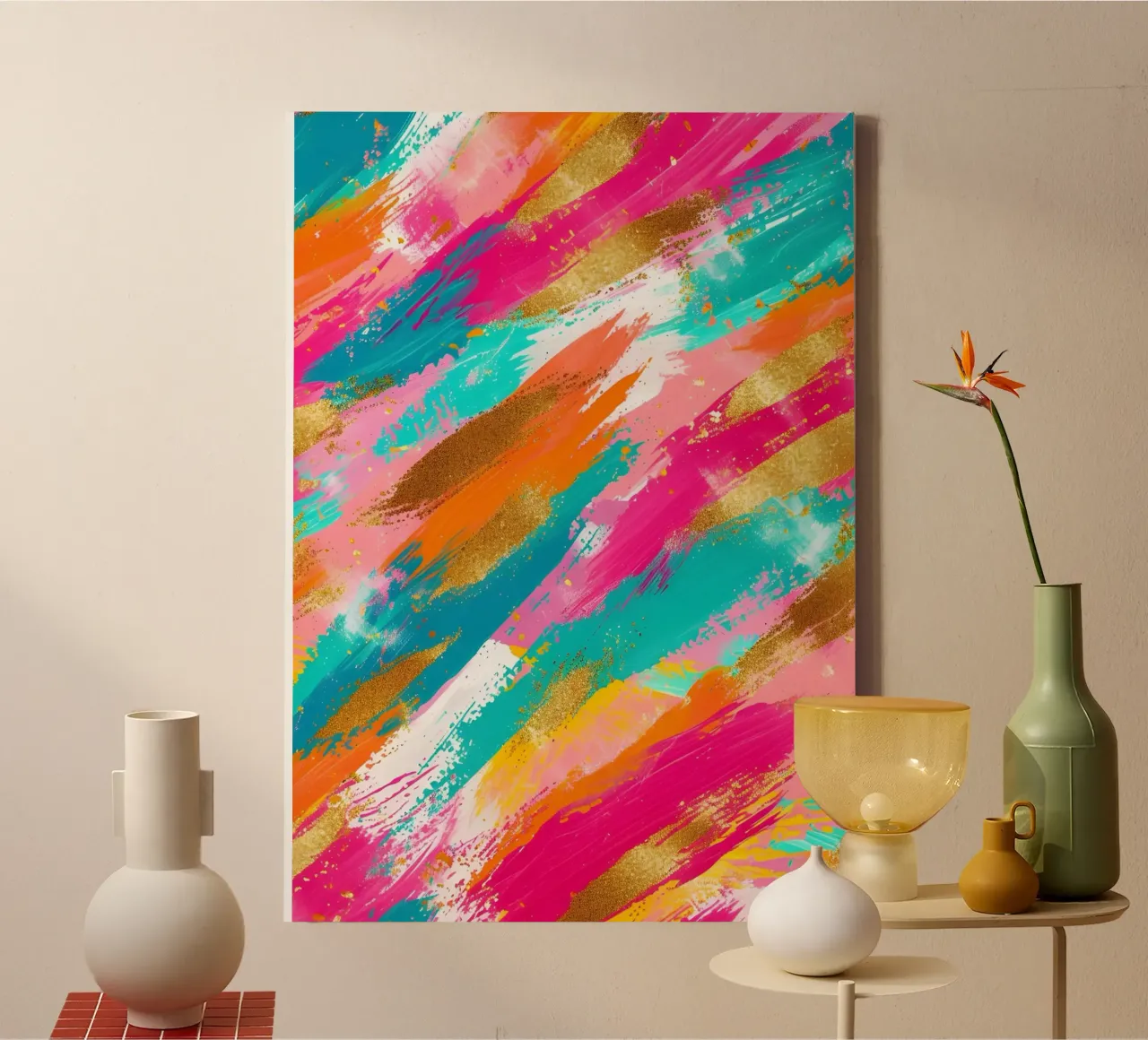 Abstracte goudkleurige en neonkleurige strepen | levendige getextureerde pop-art canvas van NorwesClub